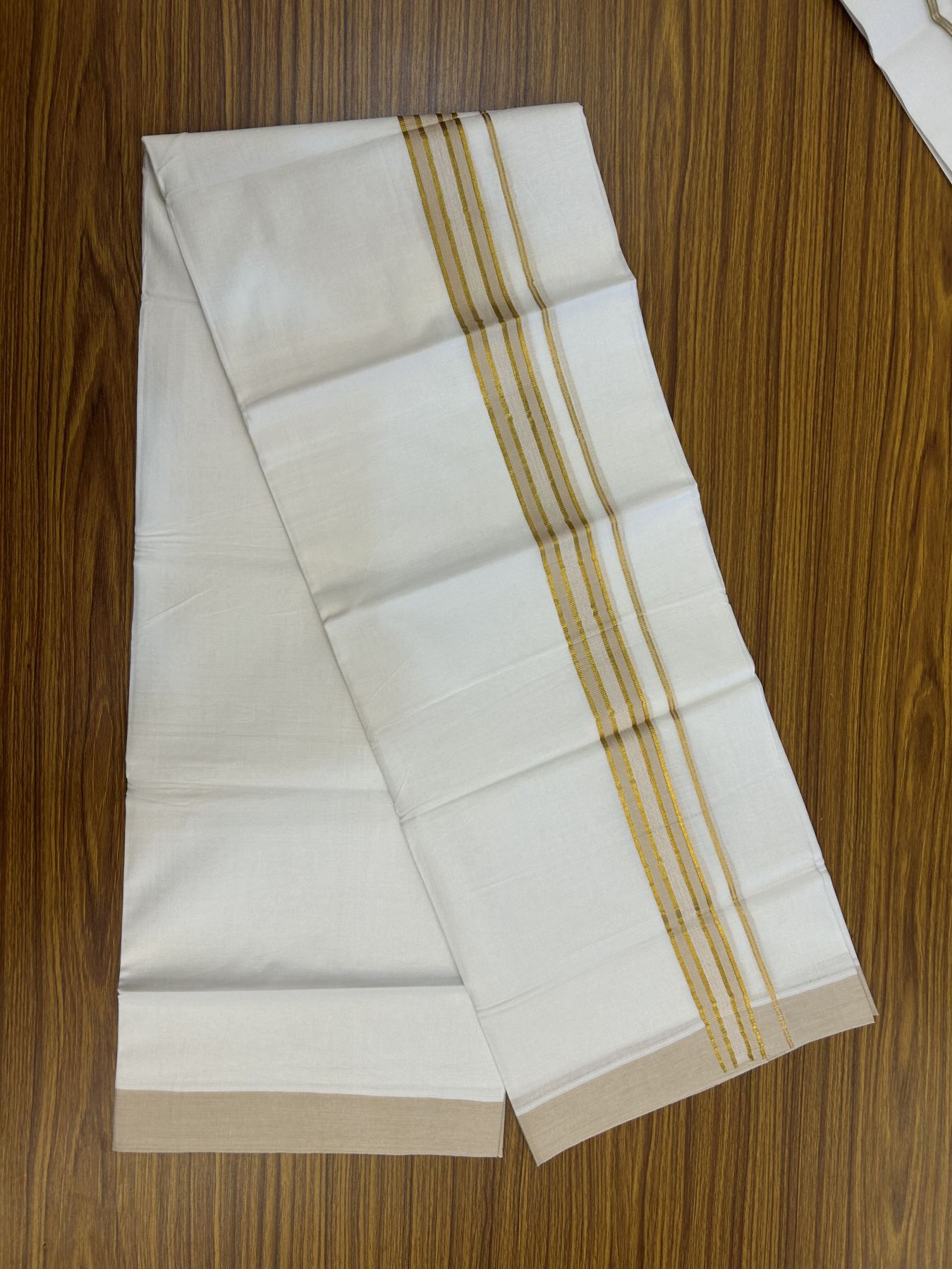 20% Discount! KaithariKada Balaramapuram 100% Cotton Double Pure white Mundu/Dhoti- 100x80 - 1.25 inch Gold Kasav & Cream kara 3.75 mtr ( 8 muzham) - 7 KK5318 VAS