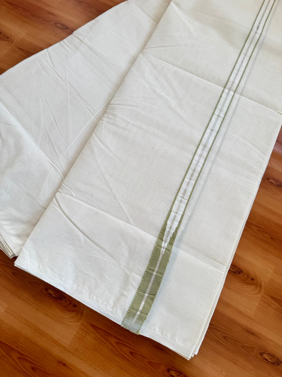 Double Off white Kerala Mundu / Dhoti - 20% Discount! KaithariKada 100% Cotton - 100x100 - Muthukuri Pista Green Chutty & Silver Kasav kara 4 mtr (8.5 muzham) - 14 KK5486 ASH
