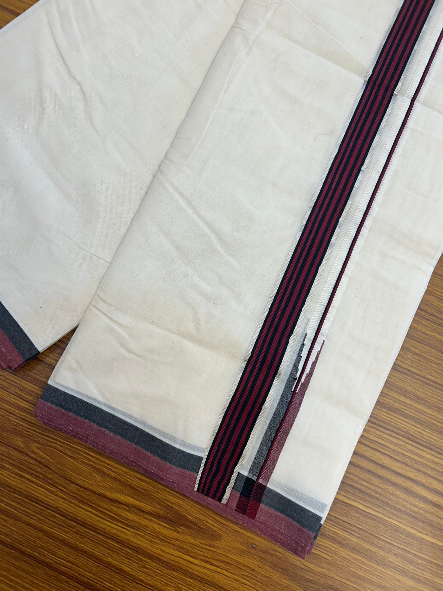Dmk Veshti - 20% Discount !! KaithariKada Balaramapuram Double Off White - (Unbleached) Mundu/Dhoti - 100X100 - 1.25 inch Puliyilakkara Silver Kasav Maroon & Black Striped Chutty Kara 4 meters (8.5 Muzham) - 2 KK5351 ASH