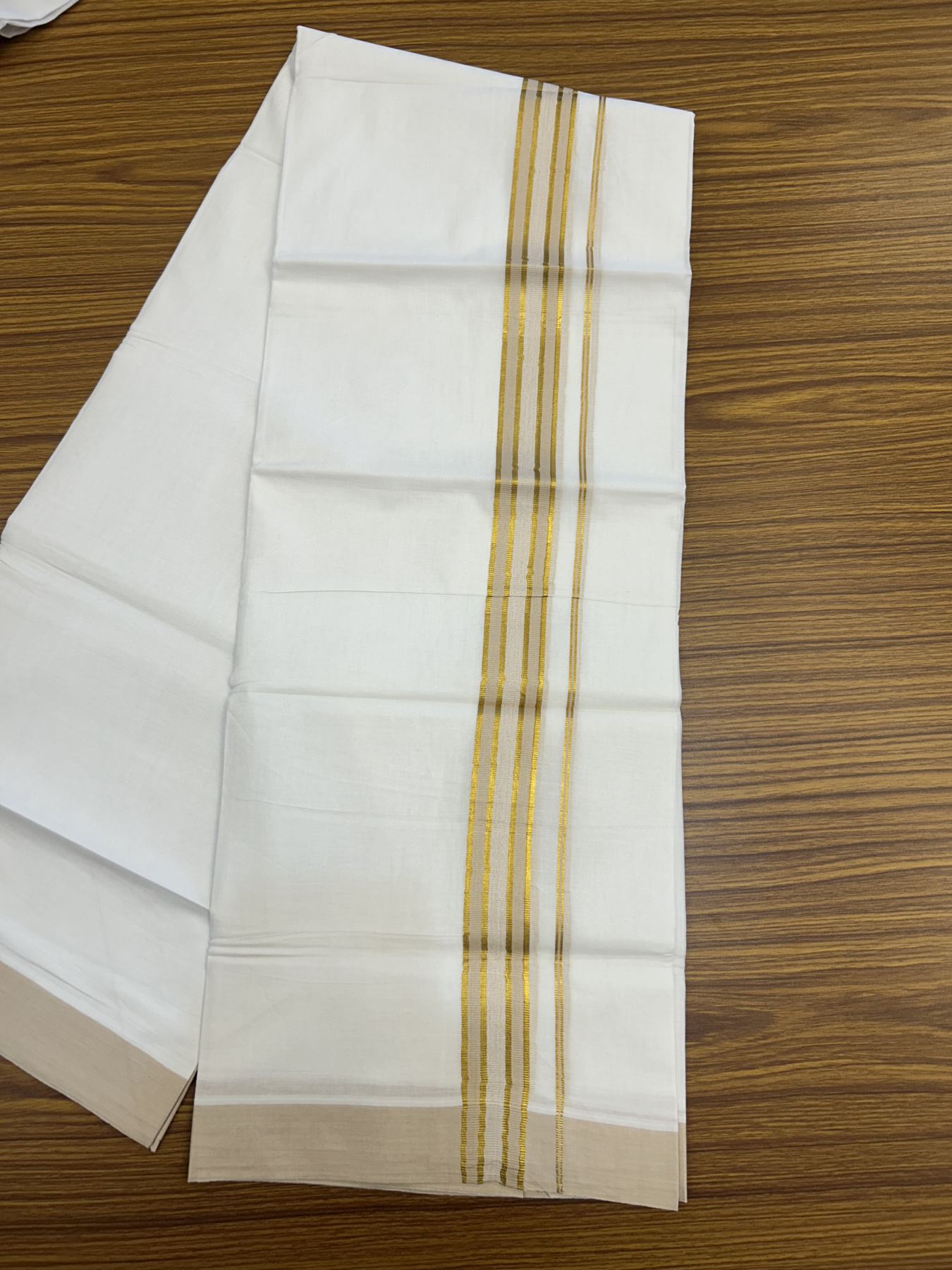 20% Discount! KaithariKada Balaramapuram 100% Cotton Double Pure white Mundu/Dhoti- 100x80 - 1.25 inch Gold Kasav & Cream kara 3.75 mtr ( 8 muzham) - 7 KK5318 VAS