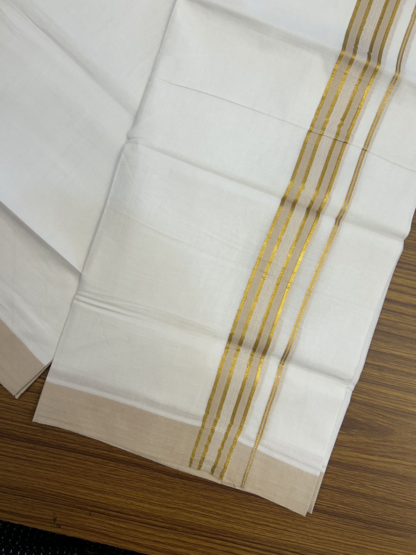 20% Discount! KaithariKada Balaramapuram 100% Cotton Double Pure white Mundu/Dhoti- 100x80 - 1.25 inch Gold Kasav & Cream kara 3.75 mtr ( 8 muzham) - 7 KK5318 VAS