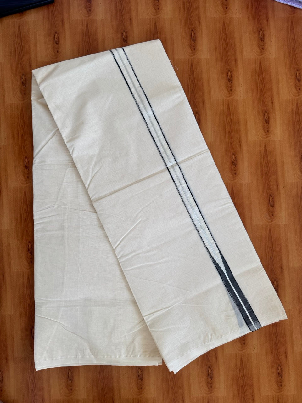Double Off white Kerala Mundu / Dhoti - 20% Discount! KaithariKada 100% Cotton - 100x100 - Muthukuri Black Chutty & Silver Kasav kara 4 mtr (8.5 muzham) - 15 KK5486 ASH