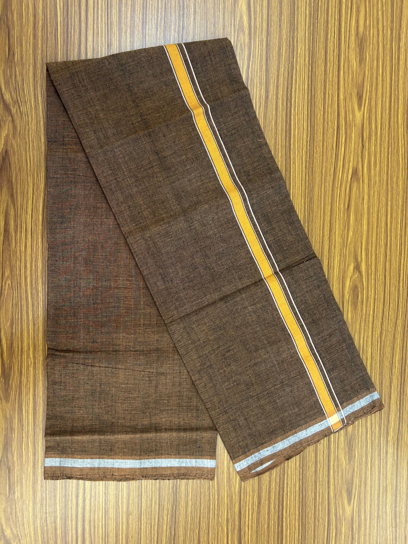 Handloom Single Hallmarked - 10% Discount ! KaithariKada 100% Pure Cotton - Mundu/Dhoti 0.5 inch Orange Shaded kara with Brown colour Body - (2 meter / 4 muzham) - 23 KK5318 ELA