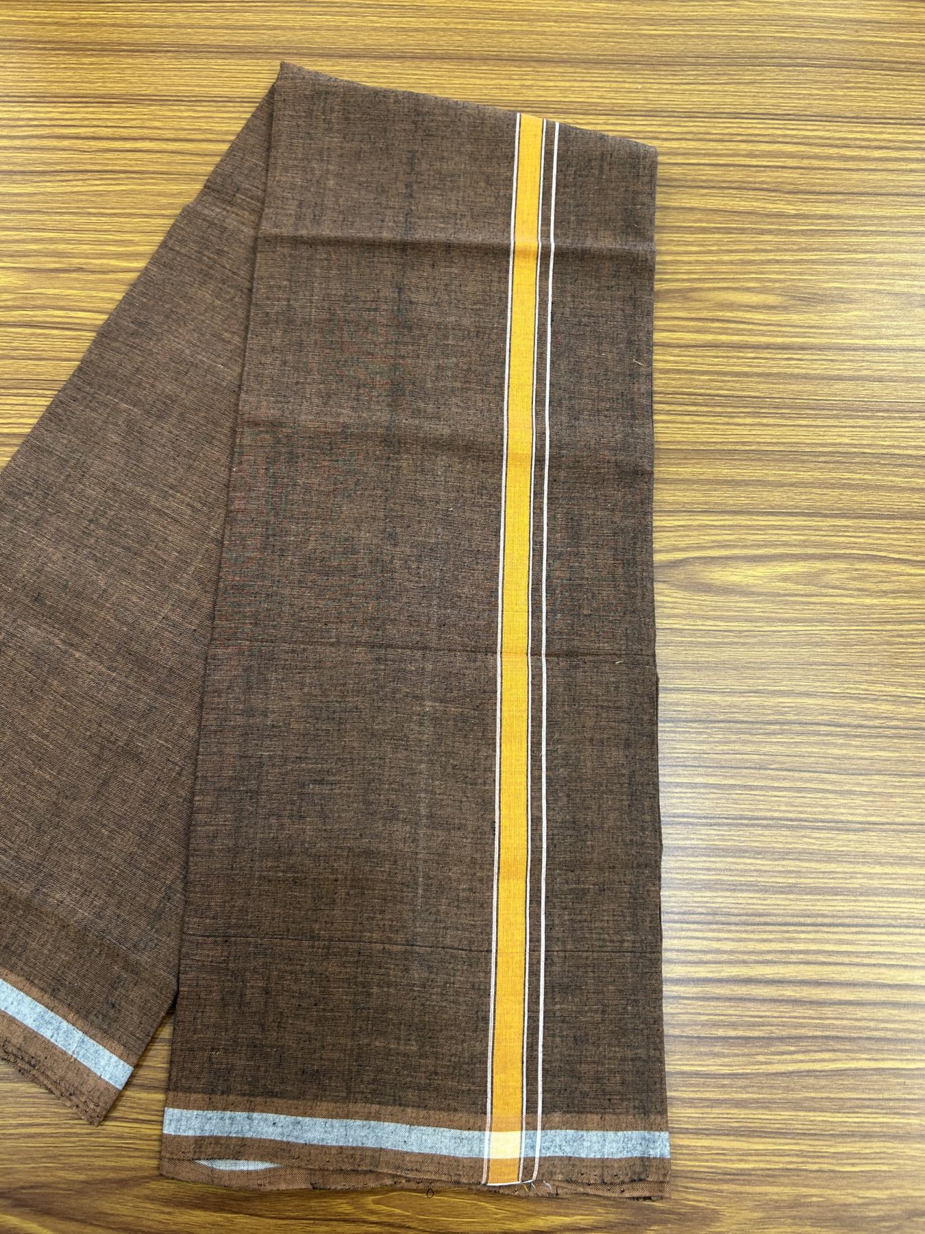 Handloom Single Hallmarked - 10% Discount ! KaithariKada 100% Pure Cotton - Mundu/Dhoti 0.5 inch Orange Shaded kara with Brown colour Body - (2 meter / 4 muzham) - 23 KK5318 ELA