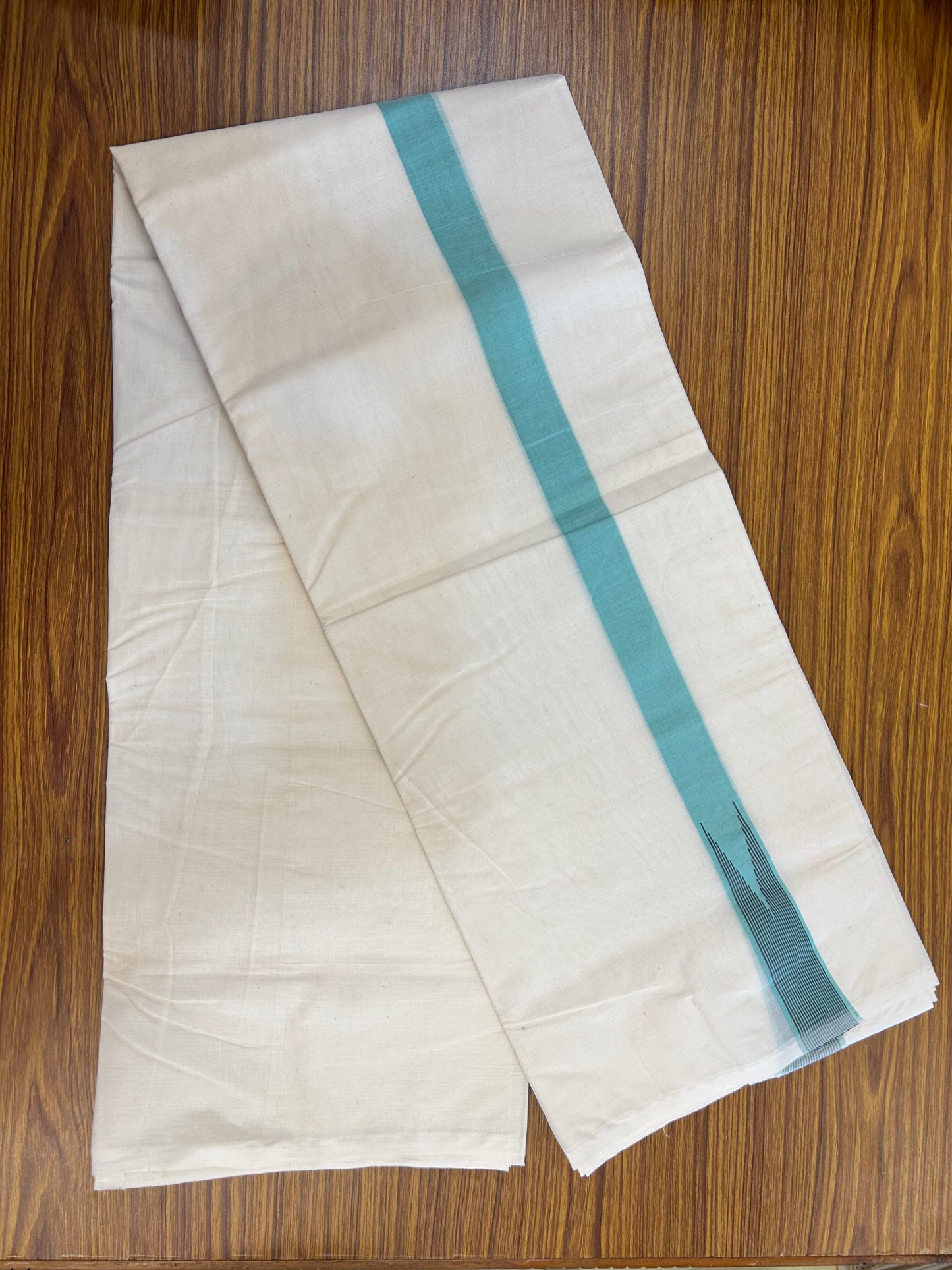 20% Discount ! KaithariKada 100% Cotton off white Double - (Unbleached) Mundu/Dhoti - 100X100 - 1.25 inch Puliyilakkara Turquoise  & Black Striped Chutty kara - 4 mtr (8.5 muzham) - 8 KK5351 ASH