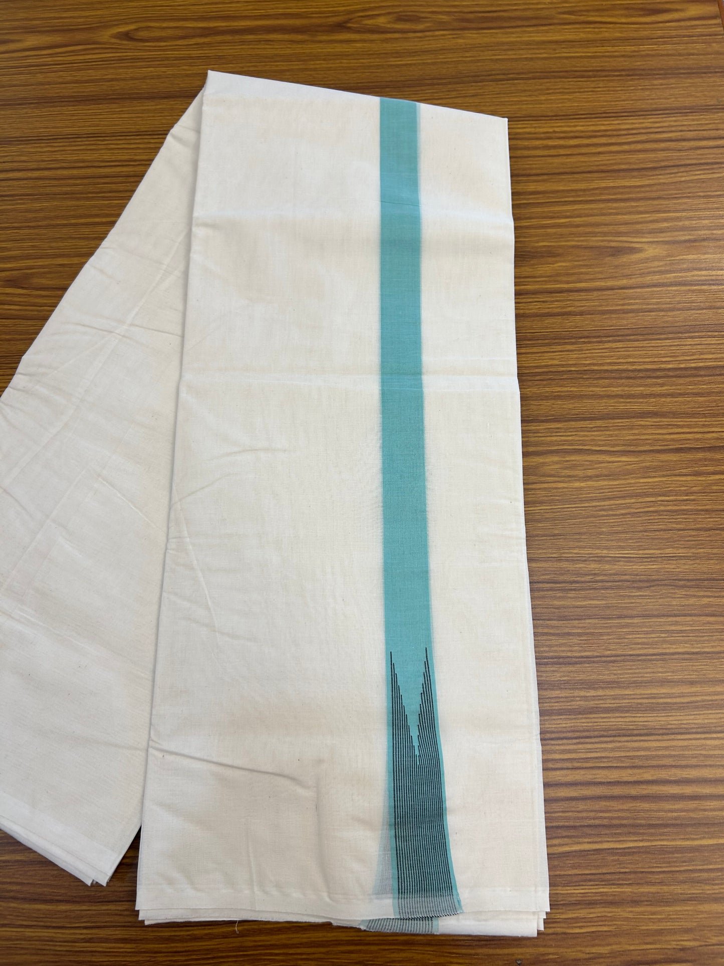 20% Discount ! KaithariKada 100% Cotton off white Double - (Unbleached) Mundu/Dhoti - 100X100 - 1.25 inch Puliyilakkara Turquoise  & Black Striped Chutty kara - 4 mtr (8.5 muzham) - 8 KK5351 ASH