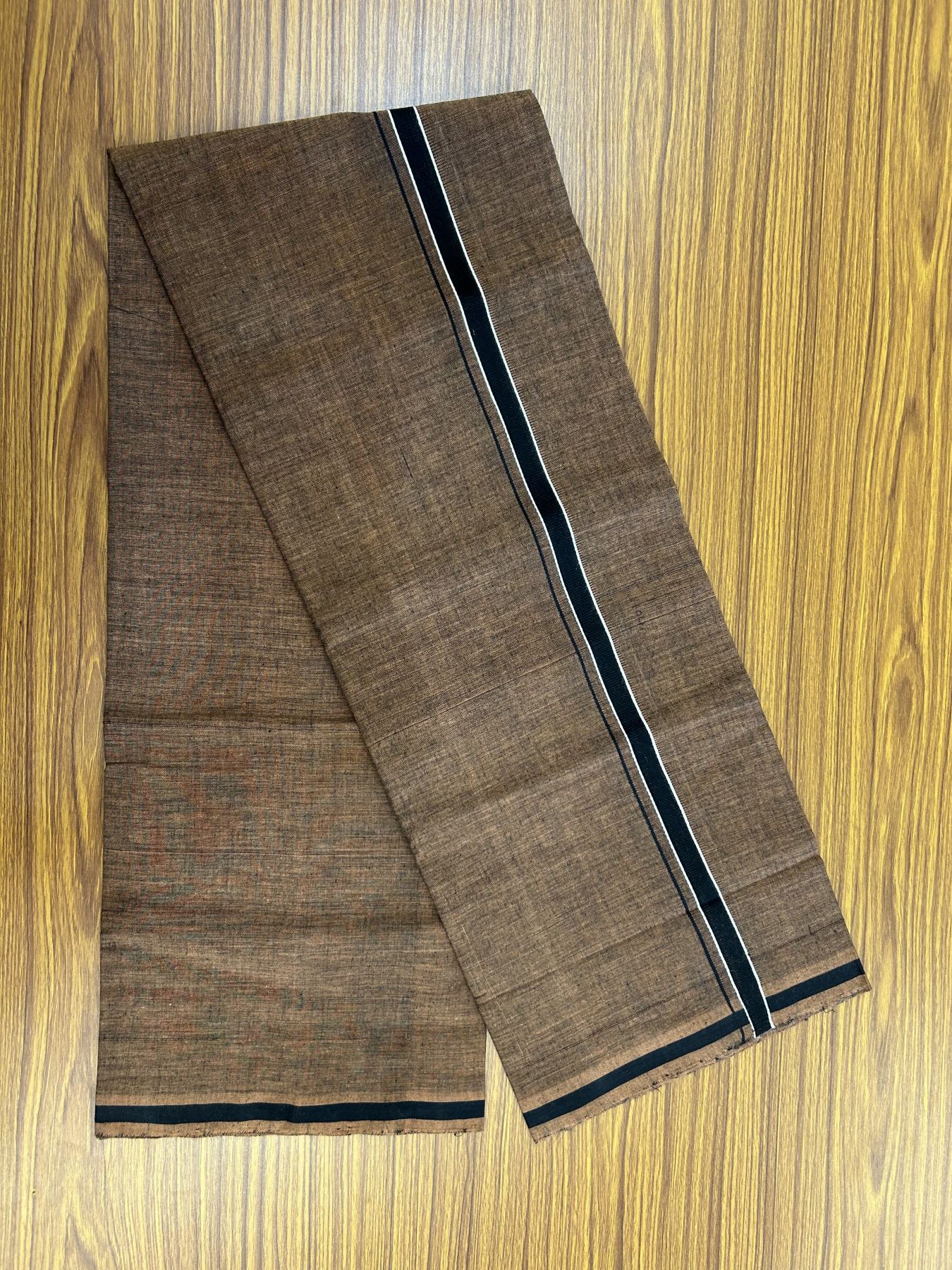 Handloom Single Hallmarked - 10% Discount ! KaithariKada 100% Pure Cotton - Mundu/Dhoti 0.5 inch Black kara with Brown colour Body - (2 meter / 4 muzham) - 24 KK5318 ELA