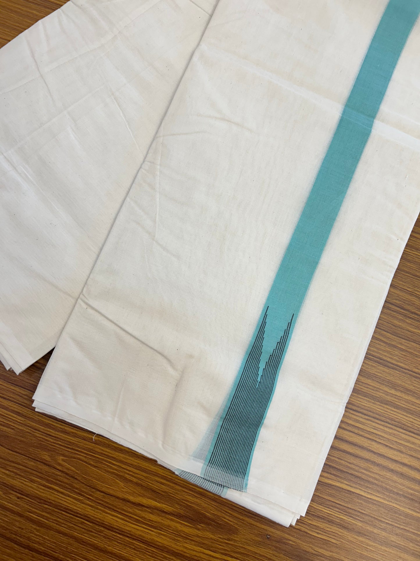 20% Discount ! KaithariKada 100% Cotton off white Double - (Unbleached) Mundu/Dhoti - 100X100 - 1.25 inch Puliyilakkara Turquoise  & Black Striped Chutty kara - 4 mtr (8.5 muzham) - 8 KK5351 ASH