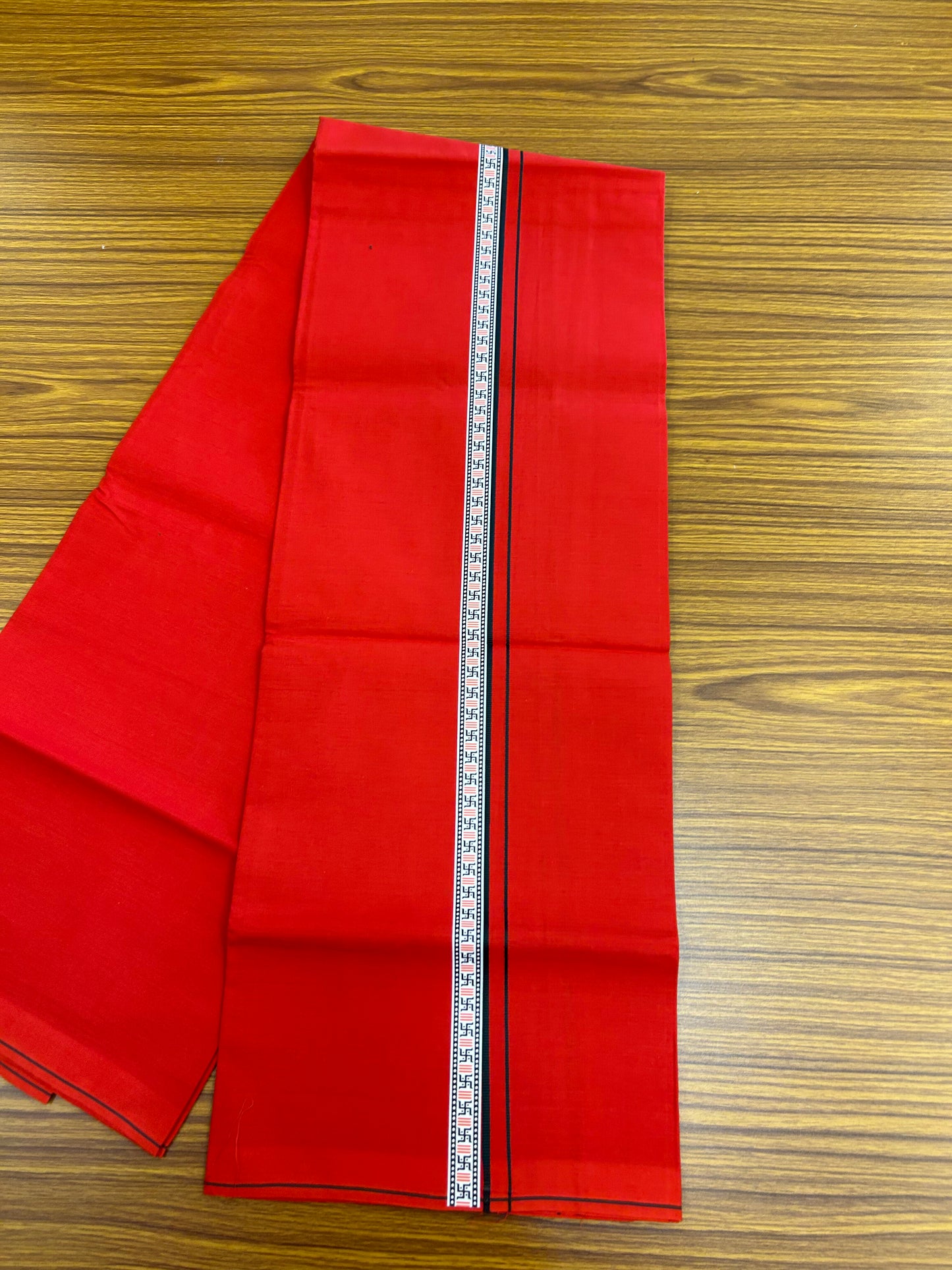 39% Discount! Kaitharikada - Pure Cotton - Single Kaily / Lungi - 0.75 inch Dark Green & Multi colour Pattern Printed kara with Red colour body (2 meter / 4 muzham) - 13 KK8052 GAN