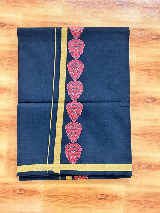 Single Kaily / Lungi- 20% Discount !! Kaitharikada - Pure Cotton - (40s) - 0.5 inch Mustard Brown Theyyam Printed Design Kara with Black colour Body (2 meter / 4 muzham) - 11 KK8062 GAN