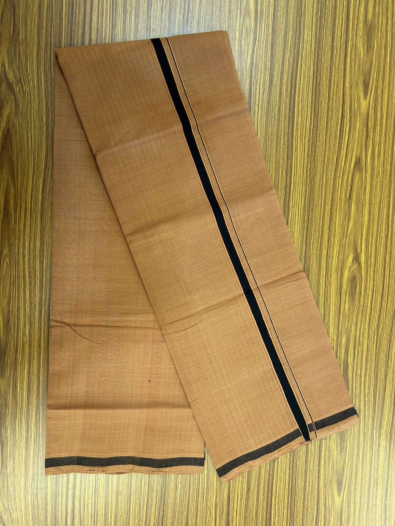 Handloom Single Hallmarked - 10% Discount ! KaithariKada 100% Pure Cotton - Mundu/Dhoti 0.5 inch Black & Brown Kara with Kavi colour Body - (2 meter / 4 muzham) - 25 KK5318 ELA