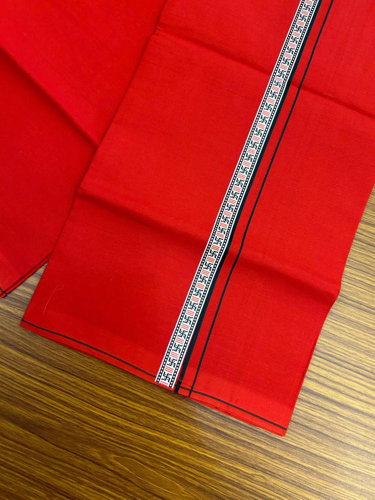 39% Discount! Kaitharikada - Pure Cotton - Single Kaily / Lungi - 0.75 inch Dark Green & Multi colour Pattern Printed kara with Red colour body (2 meter / 4 muzham) - 13 KK8052 GAN