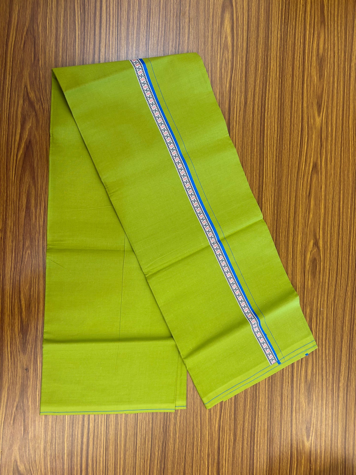 39% Discount! Kaitharikada - Pure Cotton - Single Kaily / Lungi - 0.75 inch Blue & Multi colour Pattern Printed kara with Parrot Green colour body (2 meter / 4 muzham) - 10 KK8052 GAN