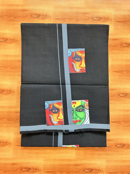 Single Kaily / Lungi- 20% Discount !! Kaitharikada - Pure Cotton - (40s) - 0.5 inch Grey Theyyam & Kathakali Printed Design Kara with Black colour Body (2 meter / 4 muzham) - 2 KK8062 GAN