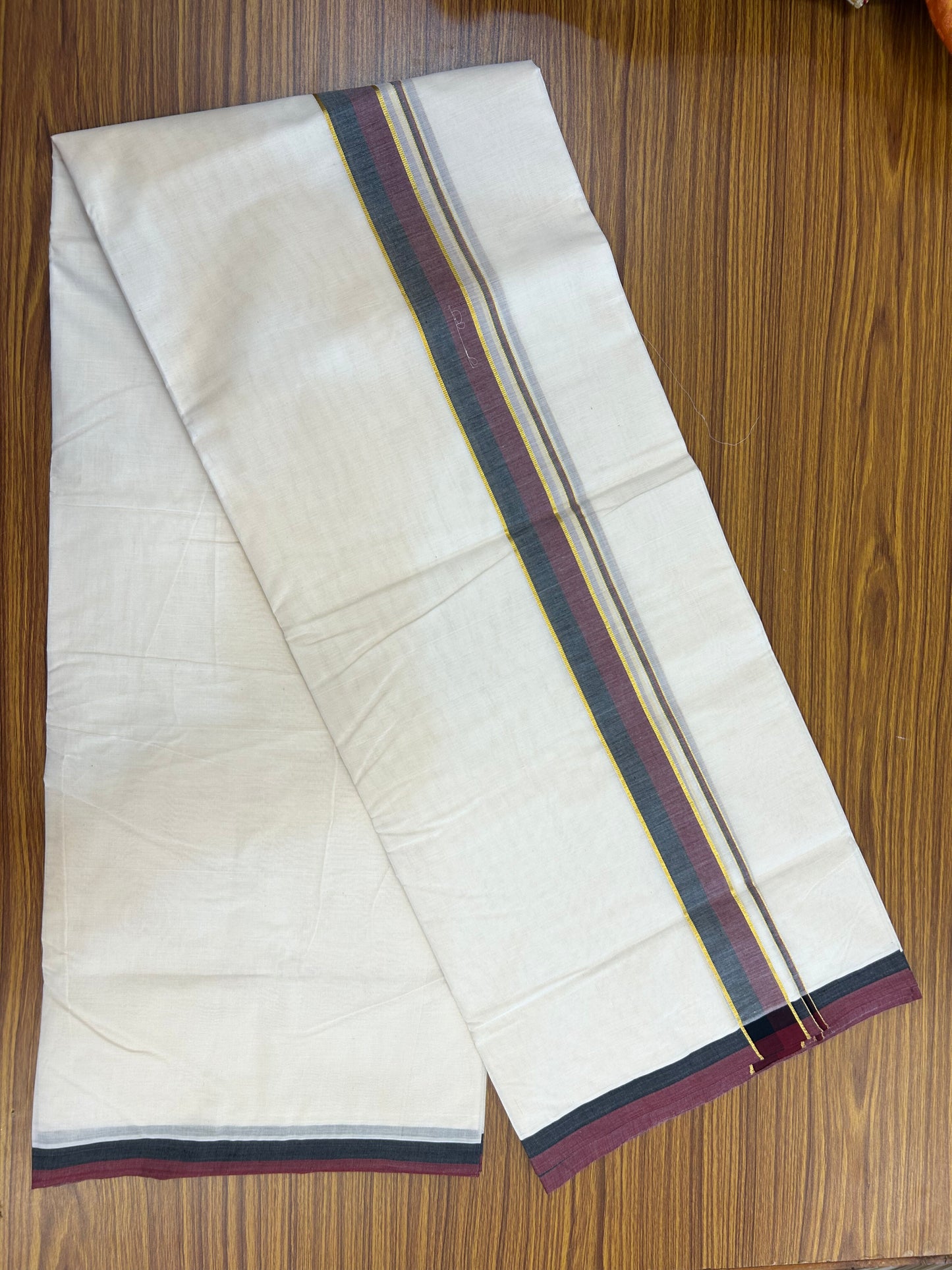 Dmk Veshti - 20% Discount! KaithariKada 100% Cotton Off White Double - (Unbleached) Mundu/Dhoti - 100X100 - 1.25 inch Gold Kasav Black & Maroon kara - 4.5 mtr ( 10 muzham) - 1 KK5351 ASH