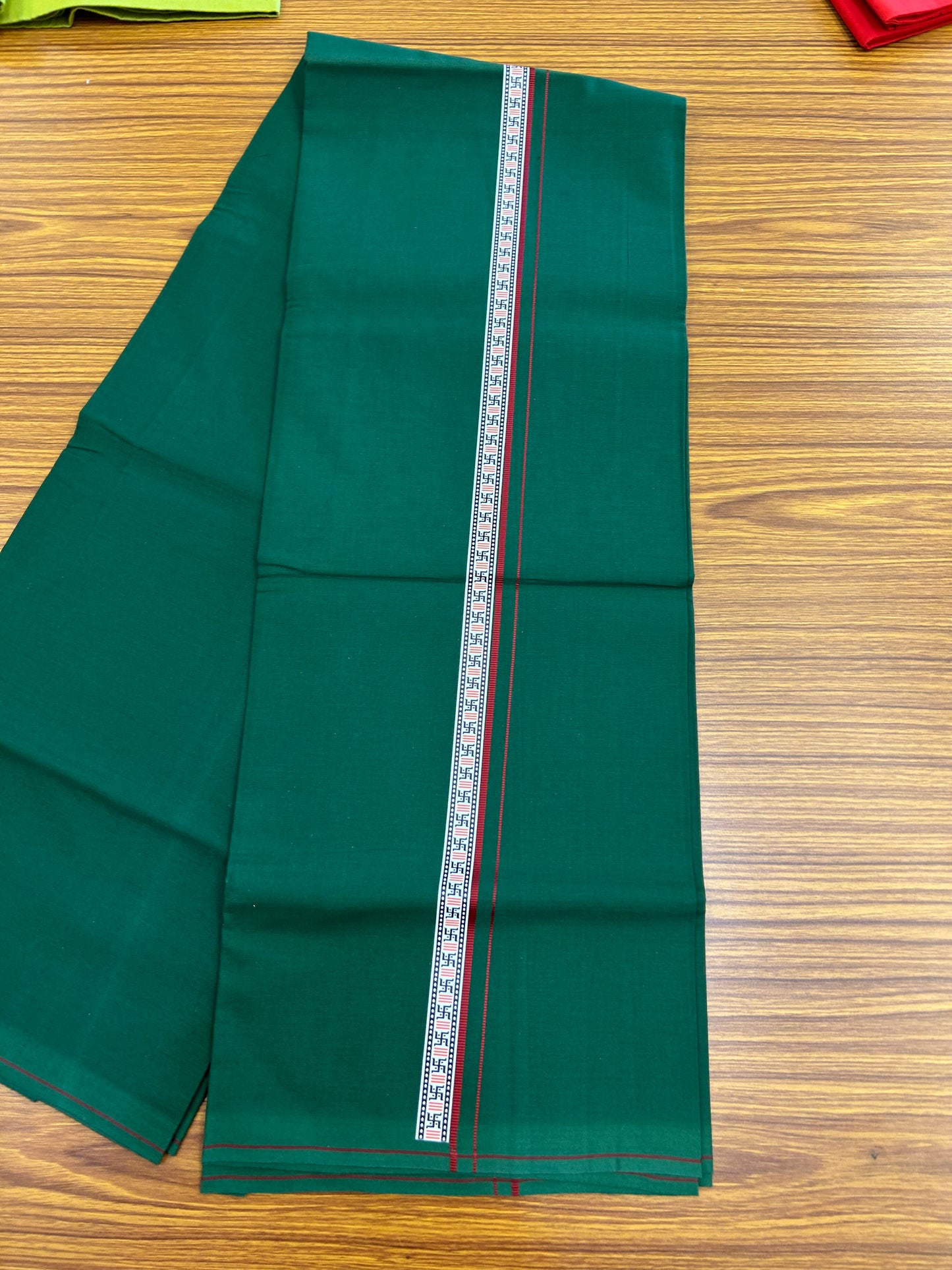 39% Discount! Kaitharikada - Pure Cotton - Single Kaily / Lungi - 0.75 inch Maroon & Multi colour Pattern Printed kara with Dark Green colour body (2 meter / 4 muzham) - 11 KK8052 GAN