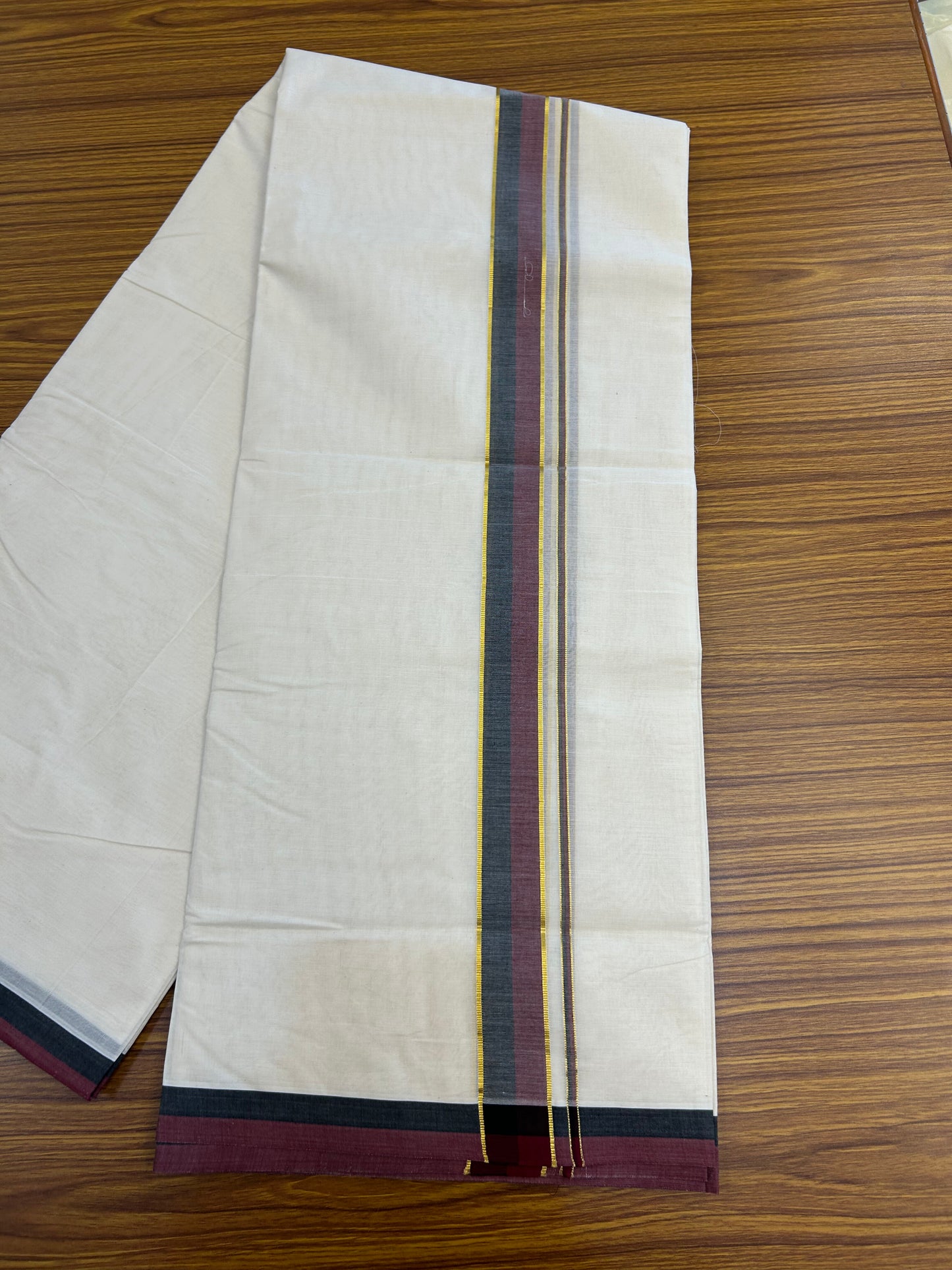 Dmk Veshti - 20% Discount! KaithariKada 100% Cotton Off White Double - (Unbleached) Mundu/Dhoti - 100X100 - 1.25 inch Gold Kasav Black & Maroon kara - 4.5 mtr ( 10 muzham) - 1 KK5351 ASH