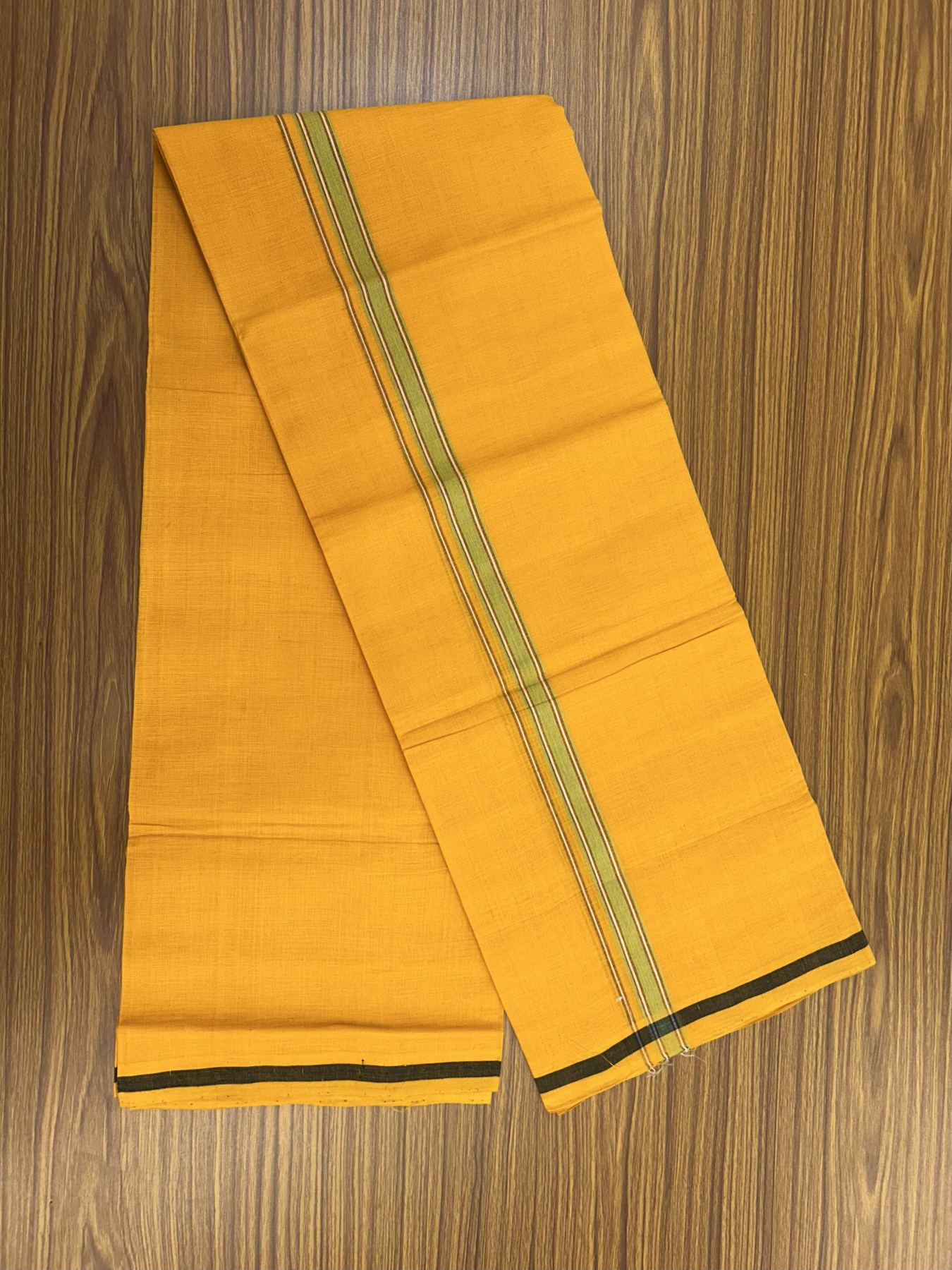 Handloom Single Hallmarked - 10% Discount !! KaithariKada 100% Pure Cotton - Mundu/Dhoti 2 cm Brown Green Kara with Light Orange colour Body - (2 meter / 4 muzham) - 26  KK5318 ELA