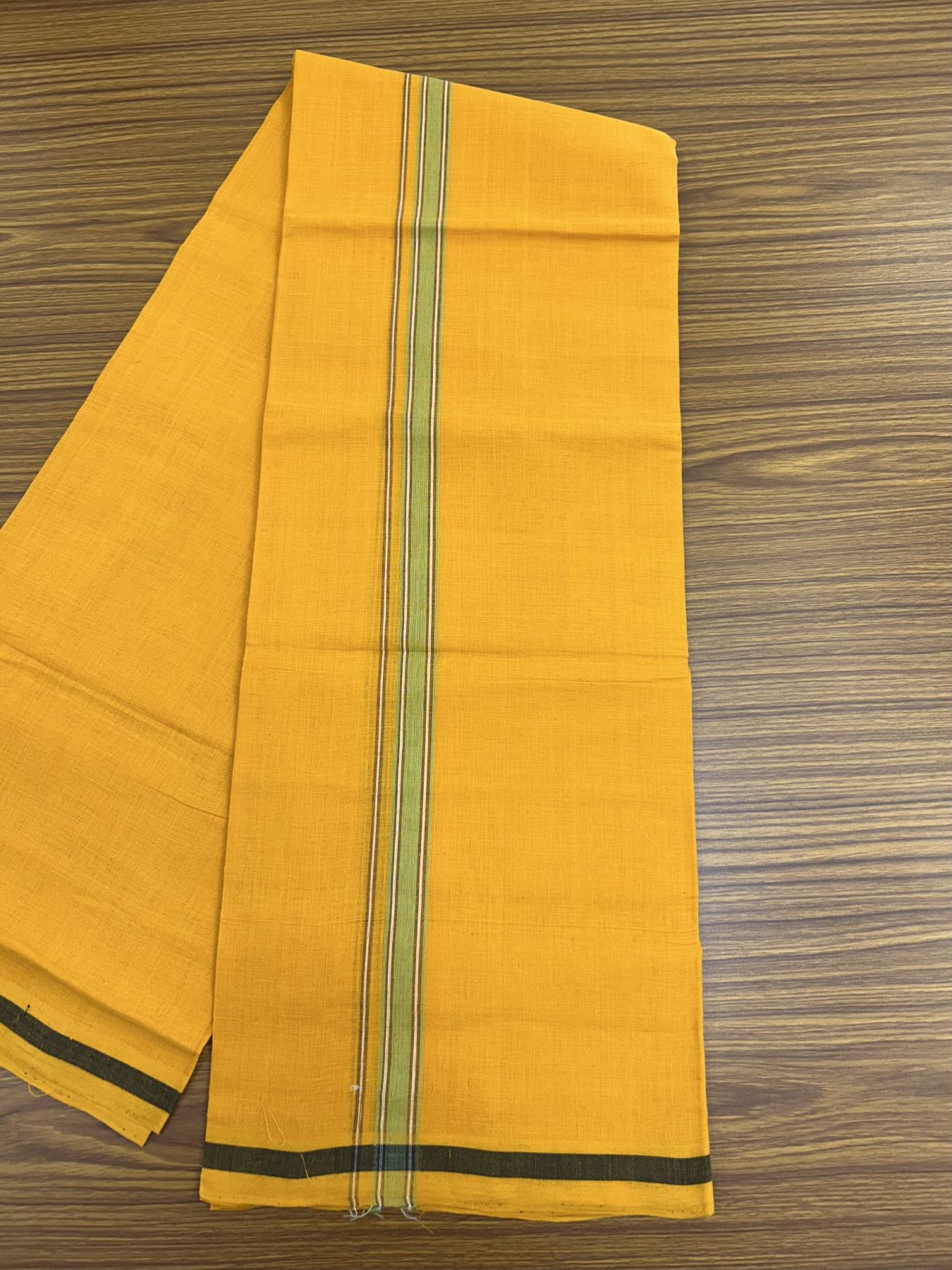 Handloom Single Hallmarked - 10% Discount !! KaithariKada 100% Pure Cotton - Mundu/Dhoti 2 cm Brown Green Kara with Light Orange colour Body - (2 meter / 4 muzham) - 26  KK5318 ELA