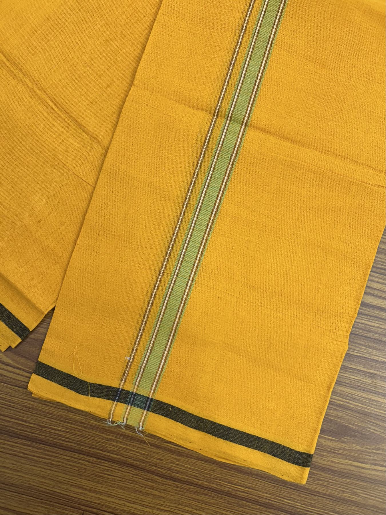 Handloom Single Hallmarked - 10% Discount !! KaithariKada 100% Pure Cotton - Mundu/Dhoti 2 cm Brown Green Kara with Light Orange colour Body - (2 meter / 4 muzham) - 26  KK5318 ELA