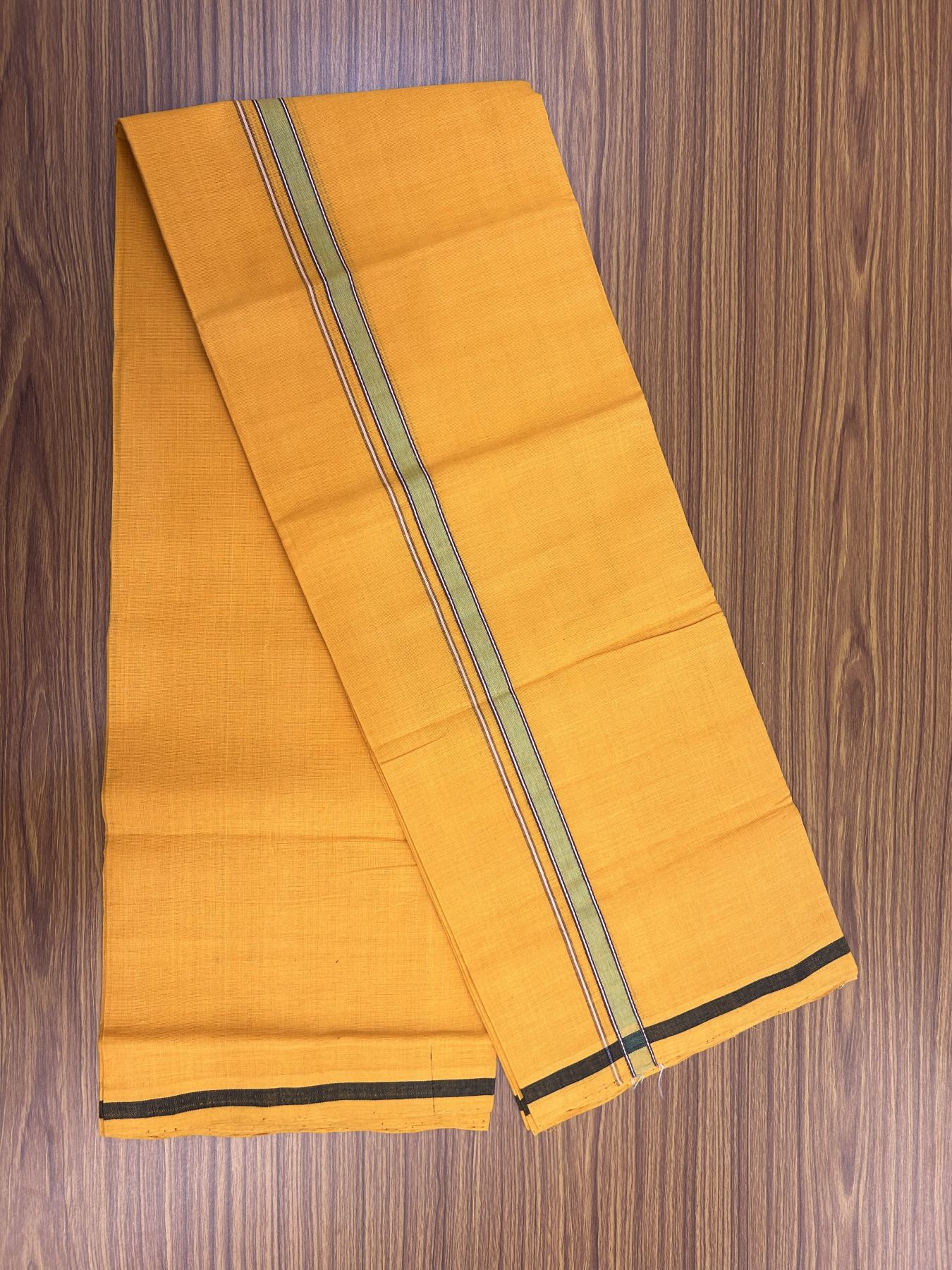Handloom Single Hallmarked - 10% Discount !! KaithariKada 100% Pure Cotton - Mundu/Dhoti 2 cm Brown Green Kara with Light Orange colour Body - (2 meter / 4 muzham) - 27  KK5318 ELA