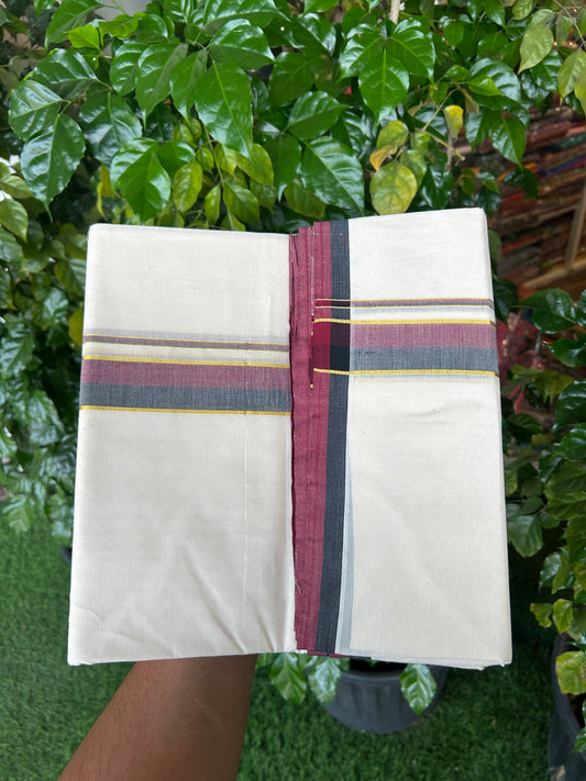 Dmk Veshti - 20% Discount! KaithariKada 100% Cotton Off White Double - (Unbleached) Mundu/Dhoti - 100X100 - 1.25 inch Gold Kasav Black & Maroon kara - 4.5 mtr ( 10 muzham) - 1 KK5351 ASH