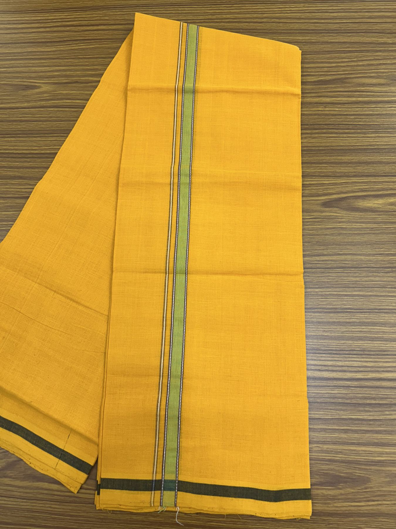 Handloom Single Hallmarked - 10% Discount !! KaithariKada 100% Pure Cotton - Mundu/Dhoti 2 cm Brown Green Kara with Light Orange colour Body - (2 meter / 4 muzham) - 27  KK5318 ELA