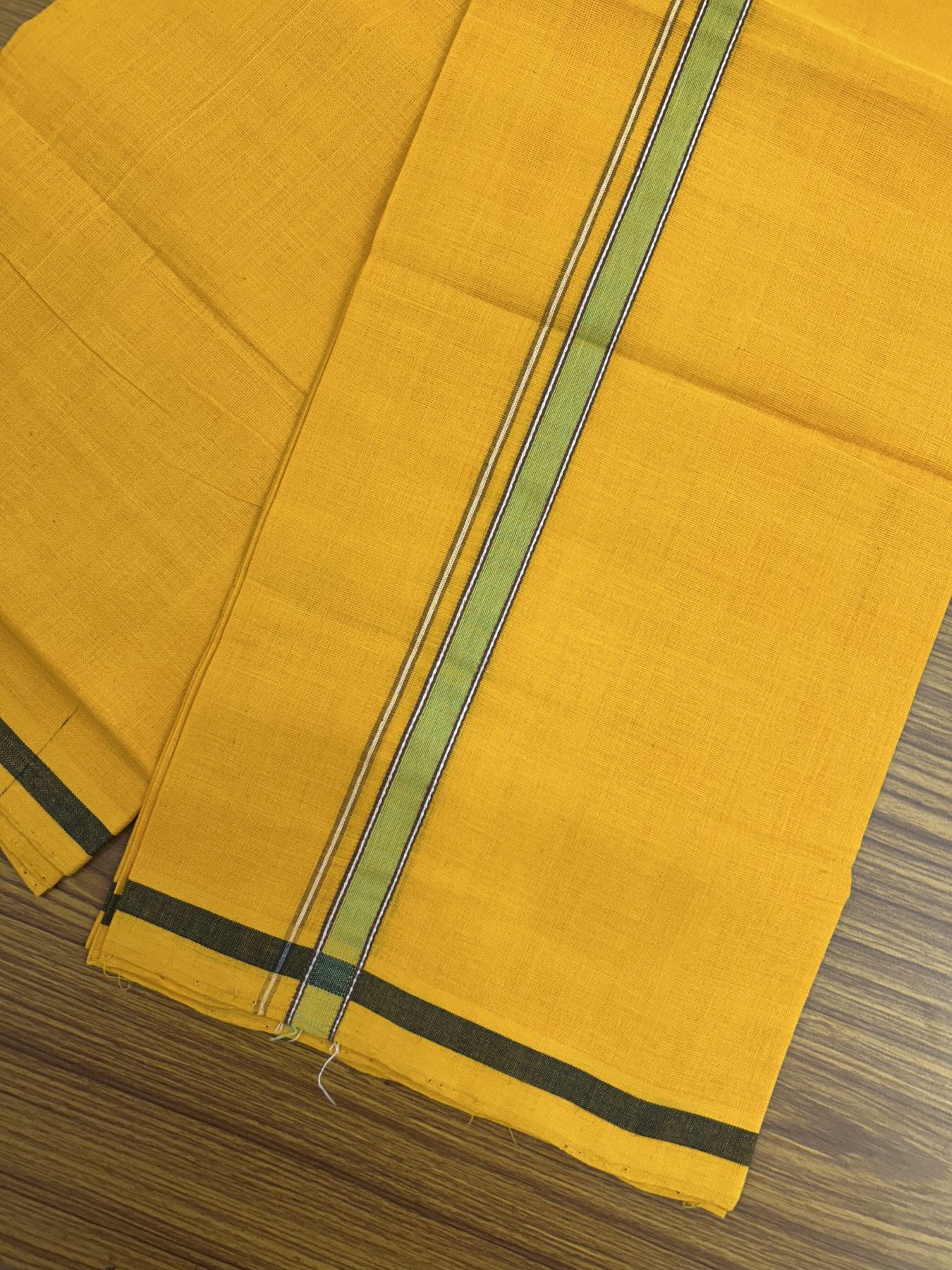 Handloom Single Hallmarked - 10% Discount !! KaithariKada 100% Pure Cotton - Mundu/Dhoti 2 cm Brown Green Kara with Light Orange colour Body - (2 meter / 4 muzham) - 27  KK5318 ELA