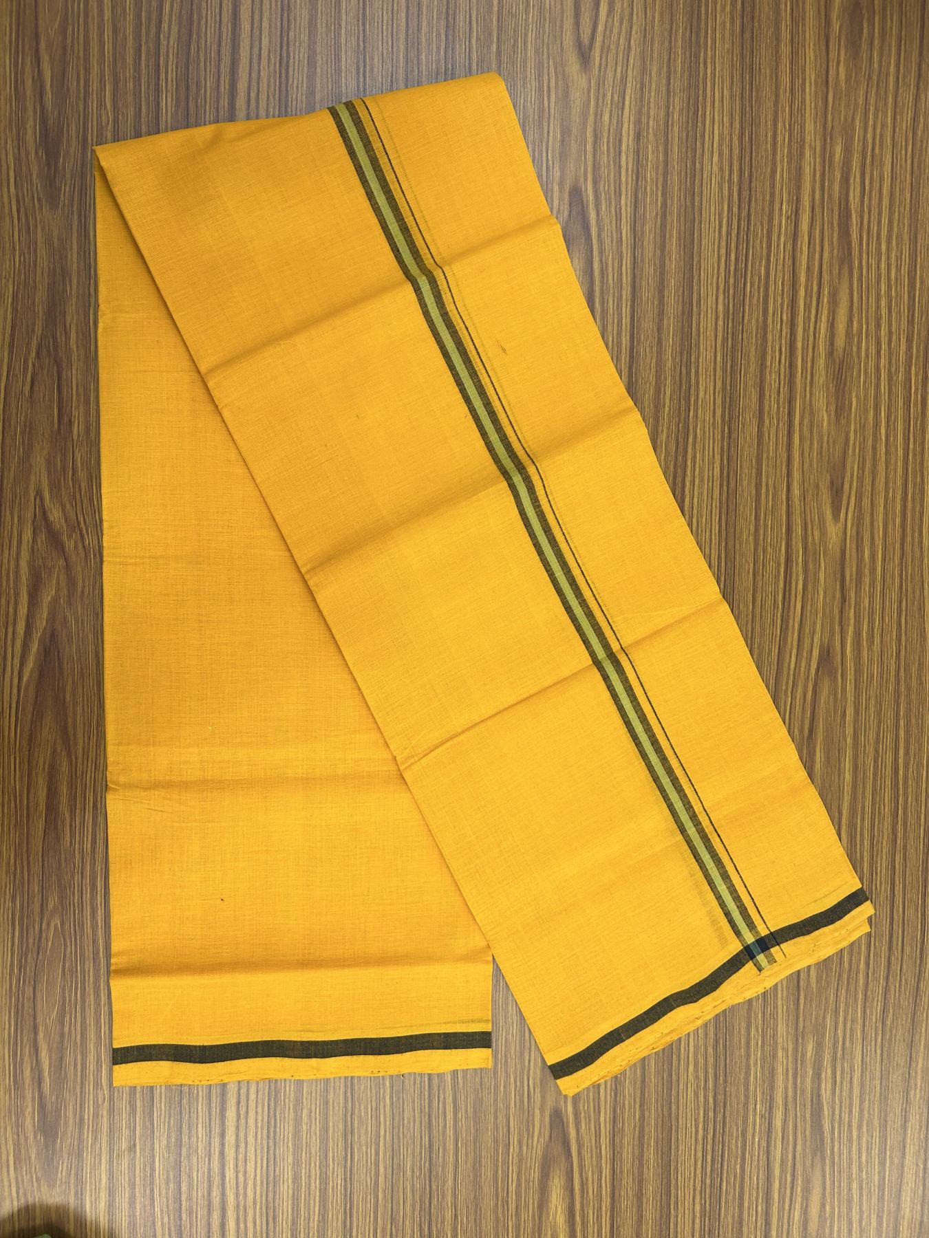 Handloom Single Hallmarked - 10% Discount !! KaithariKada 100% Pure Cotton - Mundu/Dhoti 2 cm Black Green Kara with Light Orange colour Body - (2 meter / 4 muzham) - 28 KK5318 ELA
