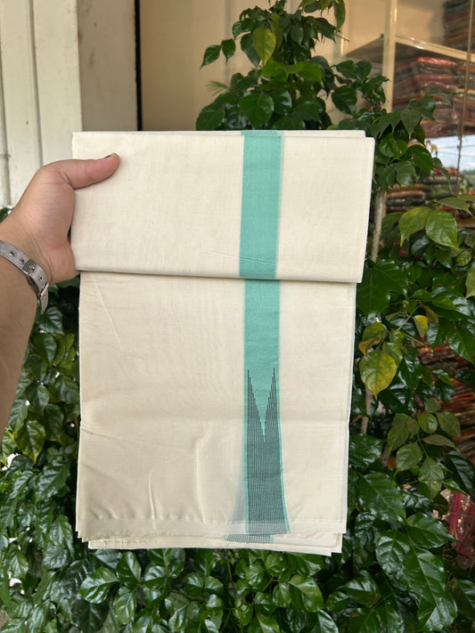 20% Discount ! KaithariKada 100% Cotton off white Double - (Unbleached) Mundu/Dhoti - 100X100 - 1.25 inch Puliyilakkara Turquoise  & Black Striped Chutty kara - 4 mtr (8.5 muzham) - 8 KK5351 ASH