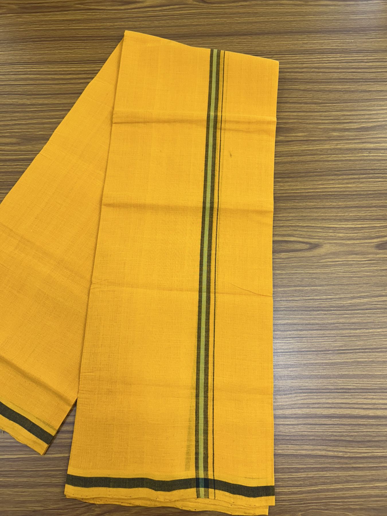 Handloom Single Hallmarked - 10% Discount !! KaithariKada 100% Pure Cotton - Mundu/Dhoti 2 cm Black Green Kara with Light Orange colour Body - (2 meter / 4 muzham) - 28 KK5318 ELA