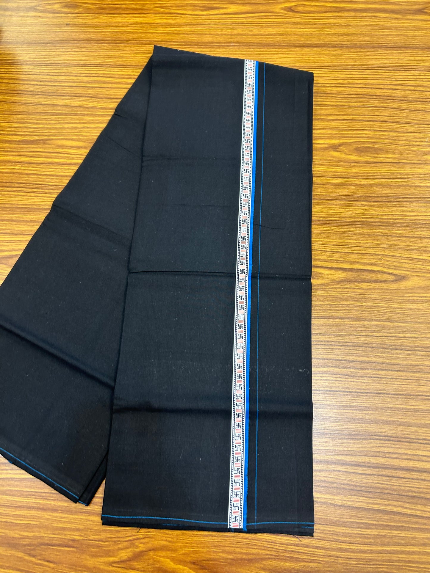 39% Discount! Kaitharikada - Pure Cotton - Single Kaily / Lungi - 0.75 inch Blue & Multi colour Pattern Printed kara with Black colour body (2 meter / 4 muzham) - 15 KK8052 GAN