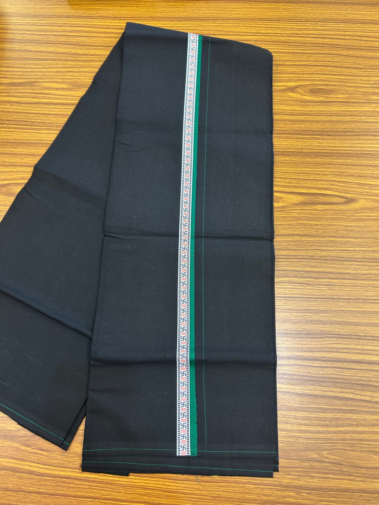 39% Discount! Kaitharikada - Pure Cotton - Single Kaily / Lungi - 0.75 inch Green & Multi colour Pattern Printed kara with Black colour body (2 meter / 4 muzham) - 14 KK8052 GAN