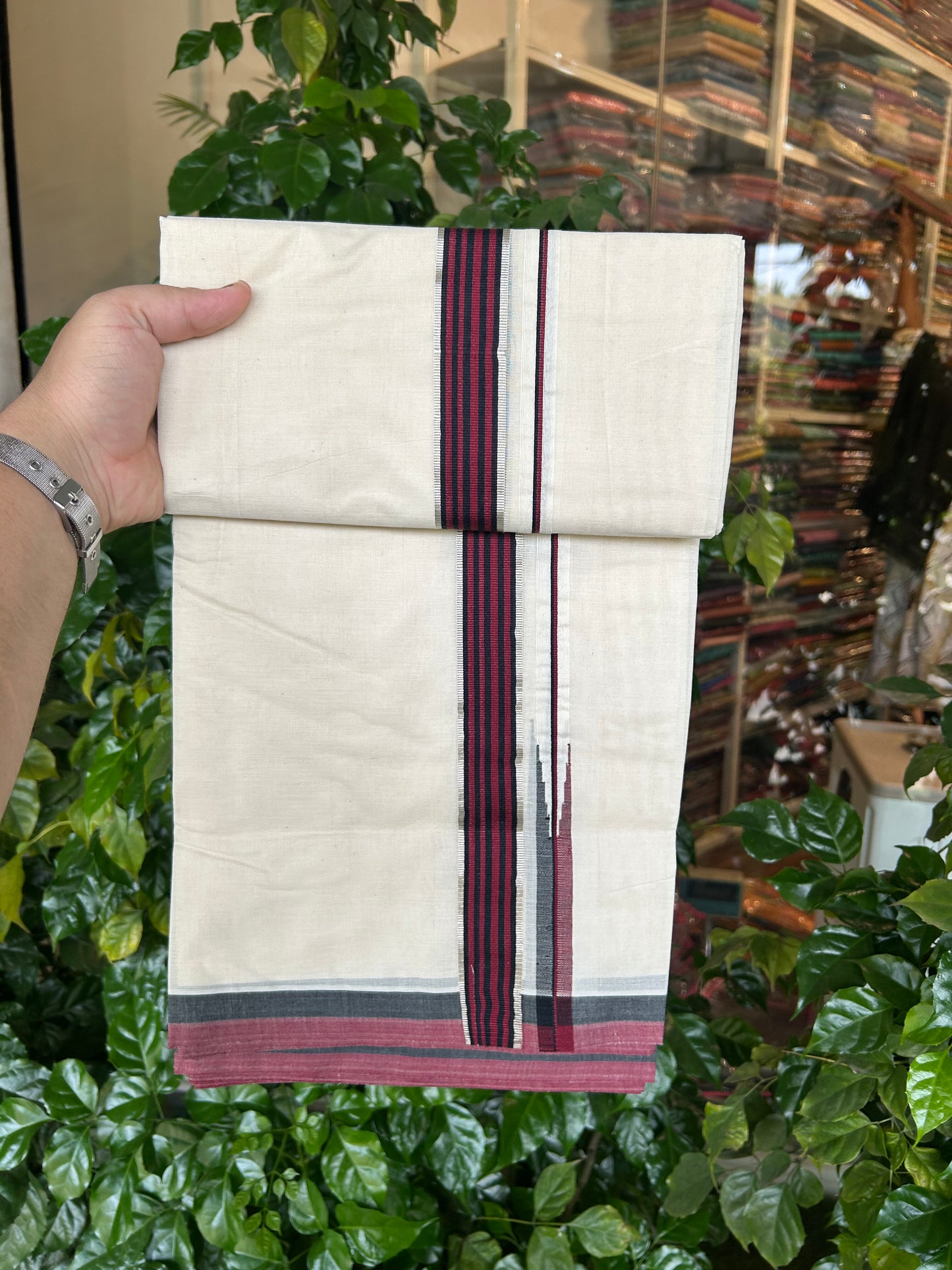 Dmk Veshti - 20% Discount !! KaithariKada Balaramapuram Double Off White - (Unbleached) Mundu/Dhoti - 100X100 - 1.25 inch Puliyilakkara Silver Kasav Maroon & Black Striped Chutty Kara 4 meters (8.5 Muzham) - 2 KK5351 ASH