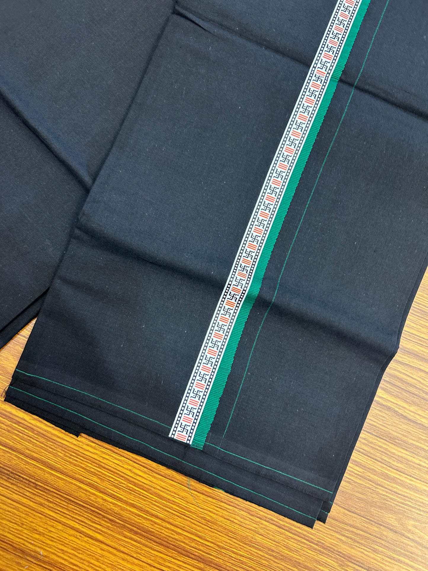 39% Discount! Kaitharikada - Pure Cotton - Single Kaily / Lungi - 0.75 inch Green & Multi colour Pattern Printed kara with Black colour body (2 meter / 4 muzham) - 14 KK8052 GAN