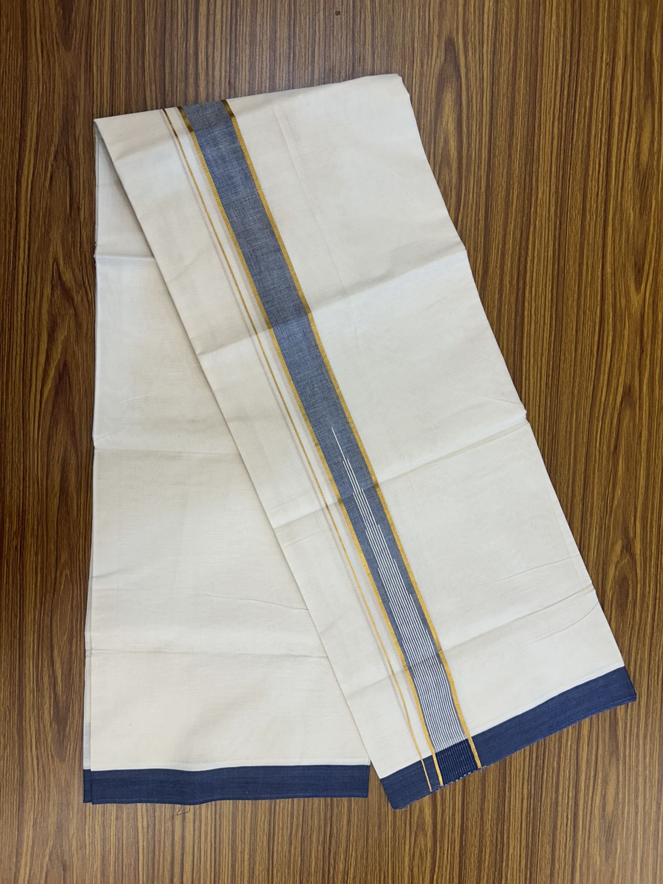 20% Discount ! Kaitharikada Balaramapuram 100% Pure Cotton Double Off white (Unbleached) Mundu/Dhoti - 100x80 - 1.5 inch Gold Kasav & Ash Blue Shaded Stripes Chutty Kara 3.90 mtr (8 muzham) - 30 KK5318 PMC