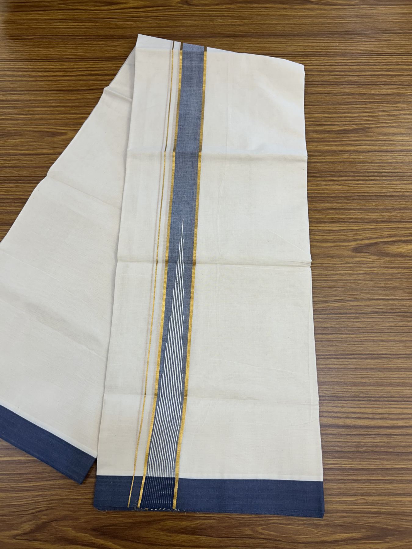 20% Discount ! Kaitharikada Balaramapuram 100% Pure Cotton Double Off white (Unbleached) Mundu/Dhoti - 100x80 - 1.5 inch Gold Kasav & Ash Blue Shaded Stripes Chutty Kara 3.90 mtr (8 muzham) - 30 KK5318 PMC