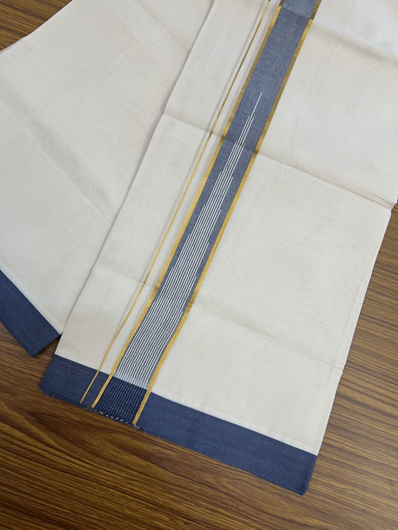 20% Discount ! Kaitharikada Balaramapuram 100% Pure Cotton Double Off white (Unbleached) Mundu/Dhoti - 100x80 - 1.5 inch Gold Kasav & Ash Blue Shaded Stripes Chutty Kara 3.90 mtr (8 muzham) - 30 KK5318 PMC