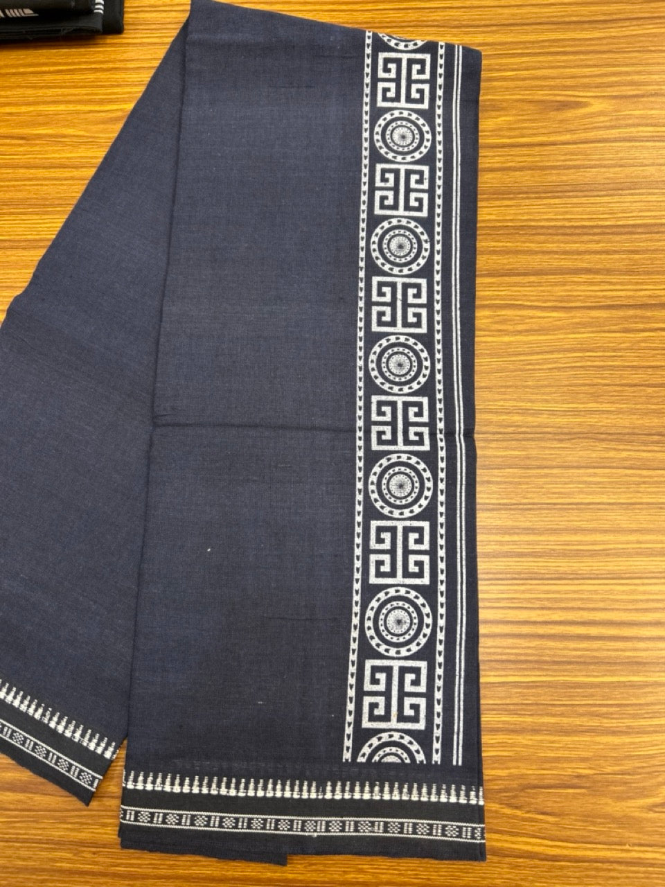Kaitharikada - Single Kaily / Lungi - Polyster + Cotton - 20s twisted - 2.5 inch White Design printed kara with Light Navy Blue colour body - 111 KK8035 GAN