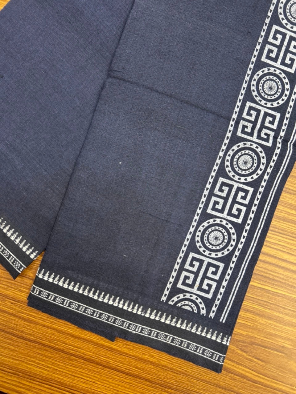 Kaitharikada - Single Kaily / Lungi - Polyster + Cotton - 20s twisted - 2.5 inch White Design printed kara with Light Navy Blue colour body - 111 KK8035 GAN