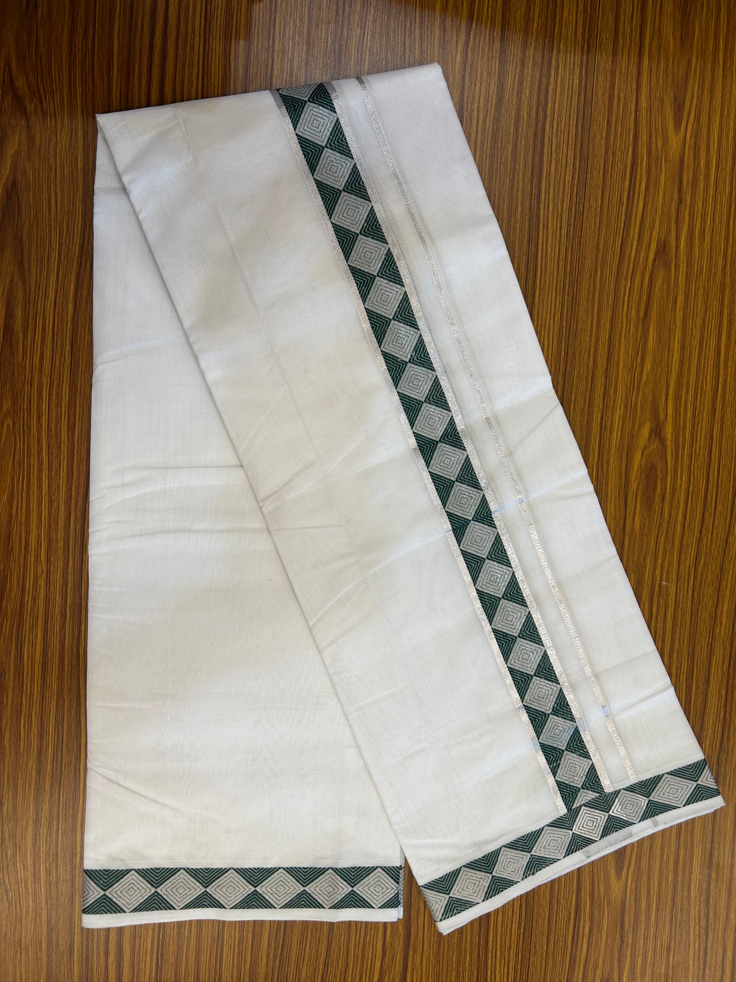25% Disocunt! Pure White Kerala Handloom - 100% Mercerised Cotton Double - Mundu/Dhoti - 100x80 - 1.75 inch Silver Kasavu & Green Jaquard Design Kara - 4 mtr (8.5 muzham) - 2 KK5352 ABH