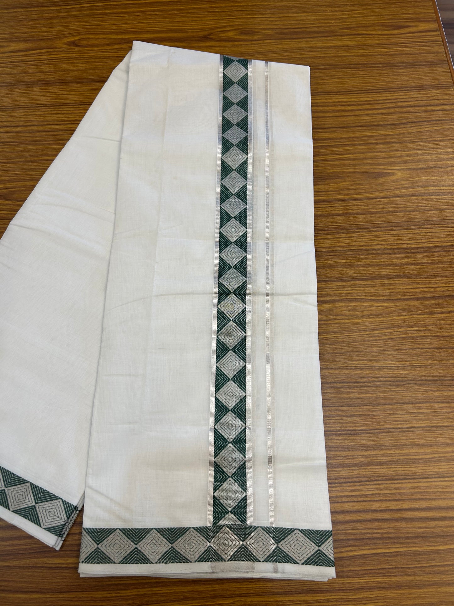 25% Disocunt! Pure White Kerala Handloom - 100% Mercerised Cotton Double - Mundu/Dhoti - 100x80 - 1.75 inch Silver Kasavu & Green Jaquard Design Kara - 4 mtr (8.5 muzham) - 2 KK5352 ABH