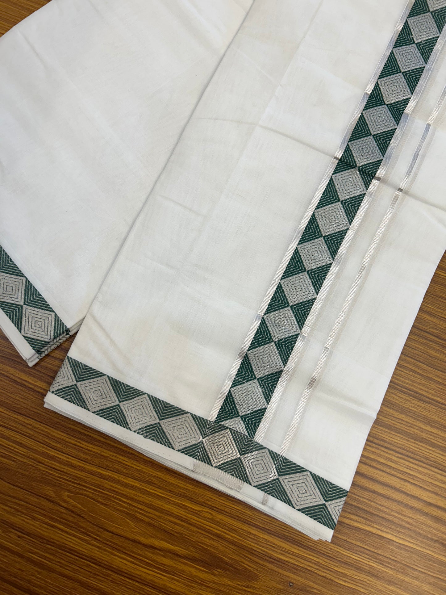 25% Disocunt! Pure White Kerala Handloom - 100% Mercerised Cotton Double - Mundu/Dhoti - 100x80 - 1.75 inch Silver Kasavu & Green Jaquard Design Kara - 4 mtr (8.5 muzham) - 2 KK5352 ABH