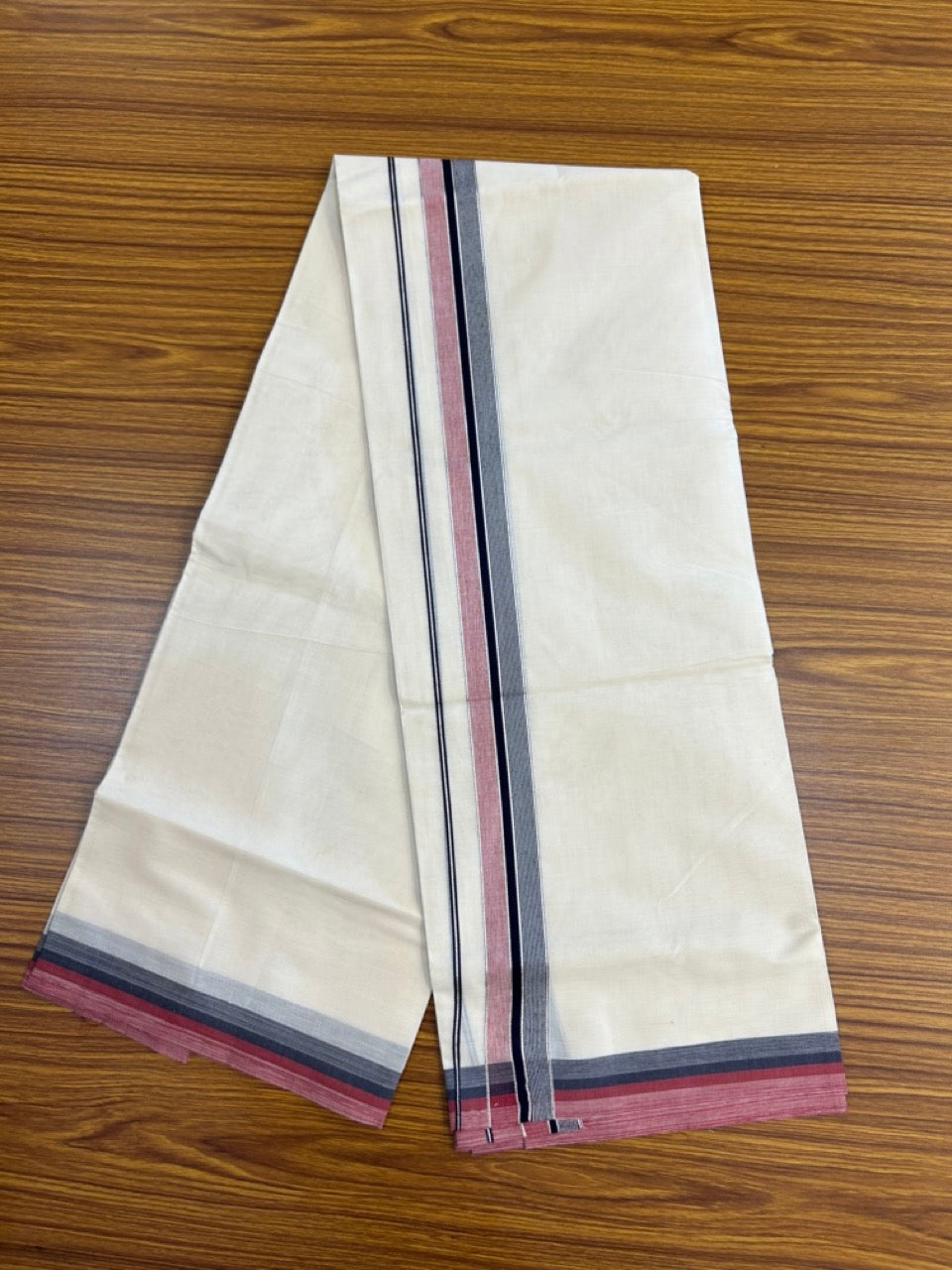 20% Discount! KaithariKada Balaramapuram 100% Cotton Double OFF WHITE (unbleached) Mundu/Dhoti- 100x80- 1.5 inch Silver Kasavu Navy Blue & Maroon Shaded striped Kara 4 mtr (8.5 muzham) - 59 KK5251 PMC