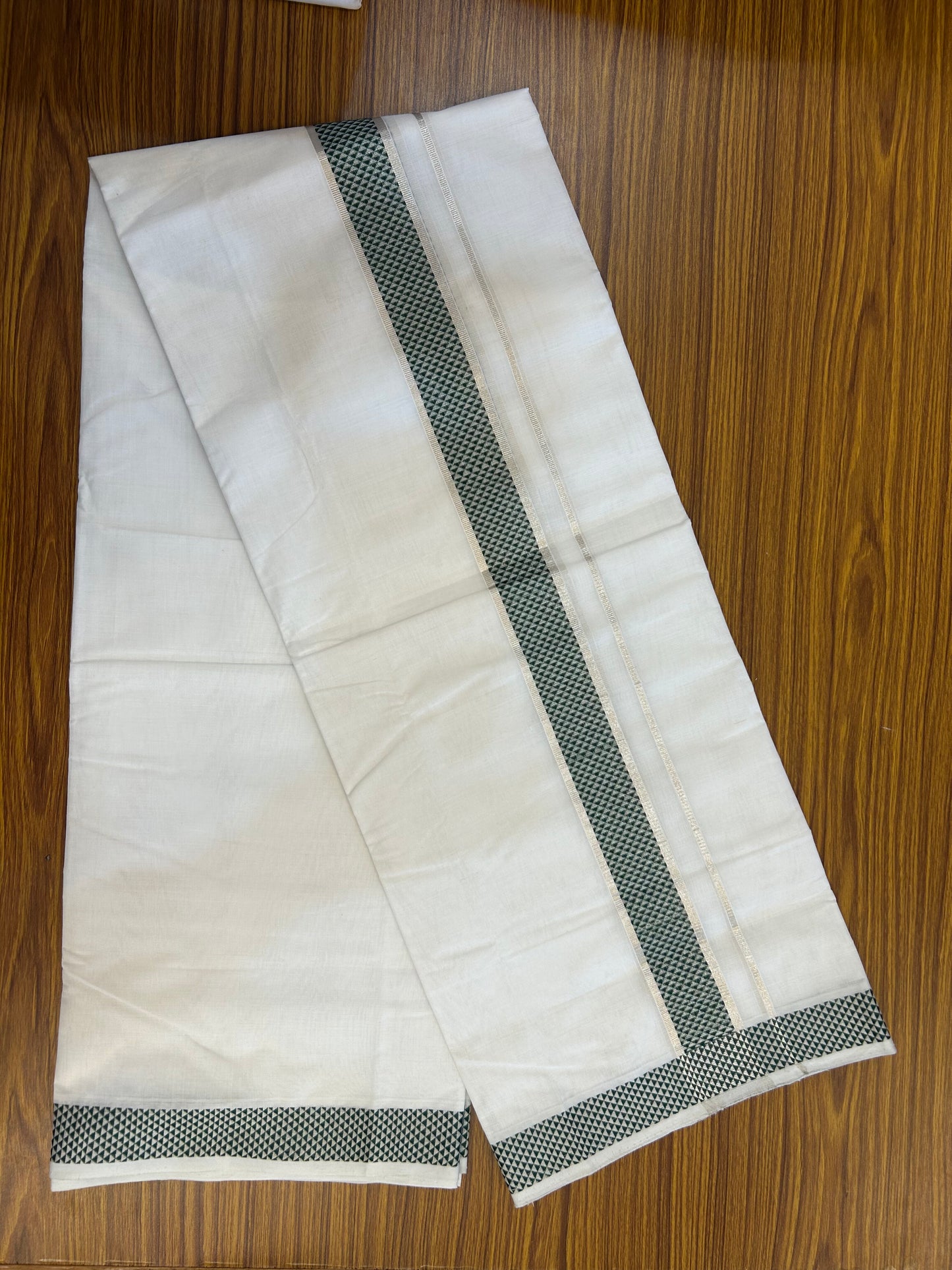 25% Disocunt! Pure White Kerala Handloom - 100% Mercerised Cotton Double - Mundu/Dhoti - 100x80 - 1.75 inch Silver Kasavu & Green Jaquard Design Kara - 4 mtr (8.5 muzham) - 3 KK5352 ABH