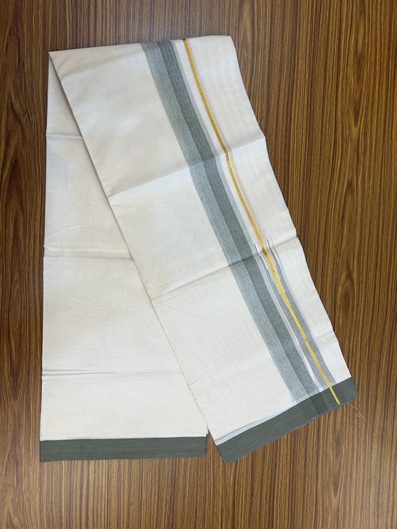 20% Discount ! Kaitharikada Balaramapuram 100% Pure Cotton Double Off white (Unbleached) Mundu/Dhoti - 100x80 - 1.75 inch Gold Kasav & Sage Green Shaded Stripes Chutty Kara 3.90 mtr (8 muzham) - 33 KK5318 PMC