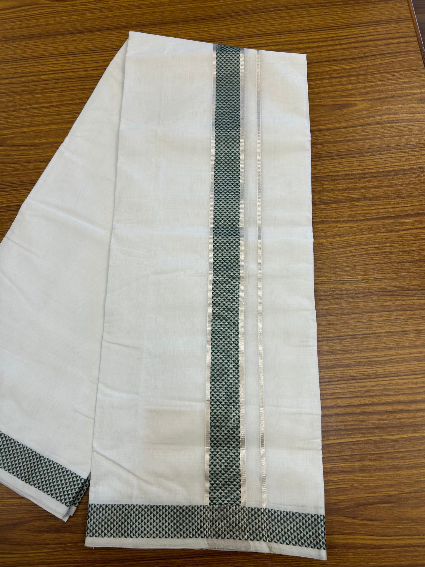 25% Disocunt! Pure White Kerala Handloom - 100% Mercerised Cotton Double - Mundu/Dhoti - 100x80 - 1.75 inch Silver Kasavu & Green Jaquard Design Kara - 4 mtr (8.5 muzham) - 3 KK5352 ABH