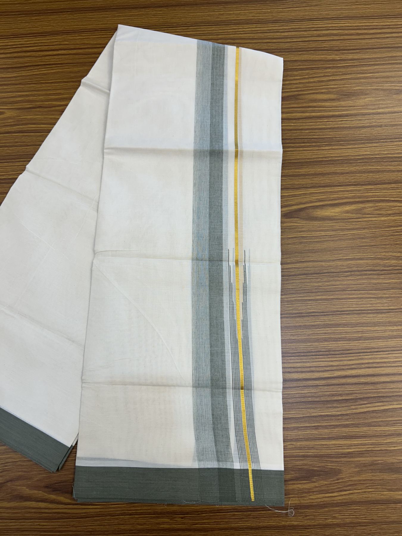 20% Discount ! Kaitharikada Balaramapuram 100% Pure Cotton Double Off white (Unbleached) Mundu/Dhoti - 100x80 - 1.75 inch Gold Kasav & Sage Green Shaded Stripes Chutty Kara 3.90 mtr (8 muzham) - 33 KK5318 PMC