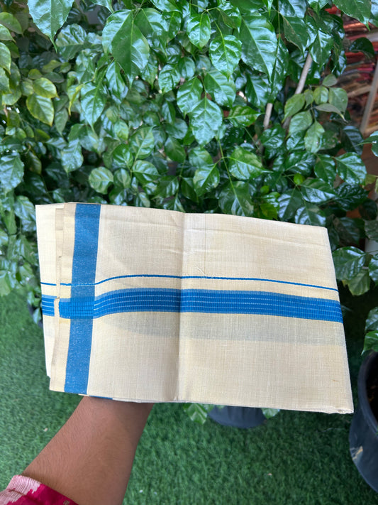 Single Tissue - KaithariKada Balaramapuram Tissue Single Dhoti/Mund Mixed Cotton - 70x30 - 1.75 inch Gold Kasav & Blue Stripes Kara (2 meter / 4 muzham)  - 3 KK8052 PMC