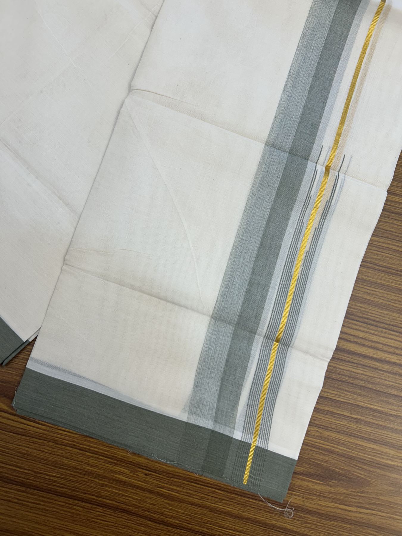 20% Discount ! Kaitharikada Balaramapuram 100% Pure Cotton Double Off white (Unbleached) Mundu/Dhoti - 100x80 - 1.75 inch Gold Kasav & Sage Green Shaded Stripes Chutty Kara 3.90 mtr (8 muzham) - 33 KK5318 PMC